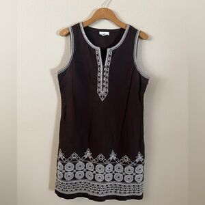 Charter Club Linen Cotton Blend Brown Sleeveless Shift Dress with White Details